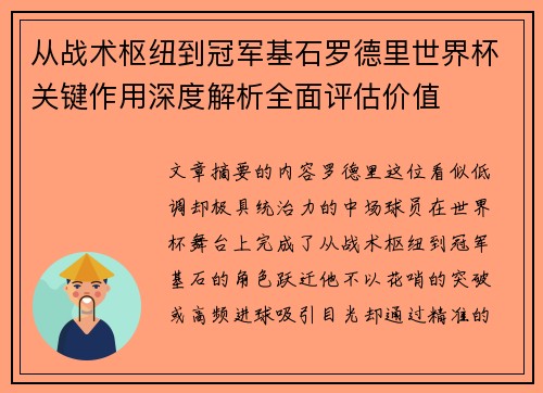 从战术枢纽到冠军基石罗德里世界杯关键作用深度解析全面评估价值