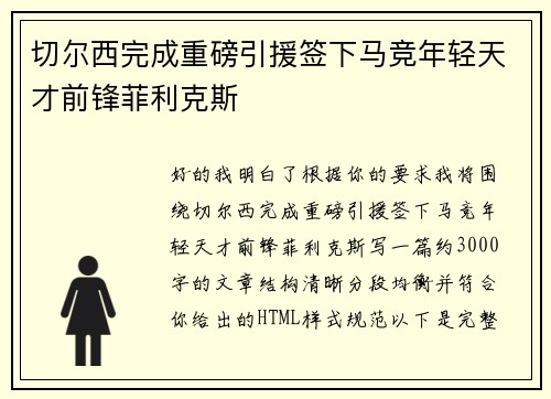 切尔西完成重磅引援签下马竞年轻天才前锋菲利克斯